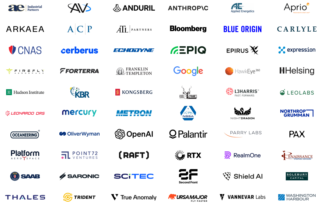 50 company logos including Google, Bloomberg, Blue Origin, OpenAI, Palantir, RTX, and Thales.