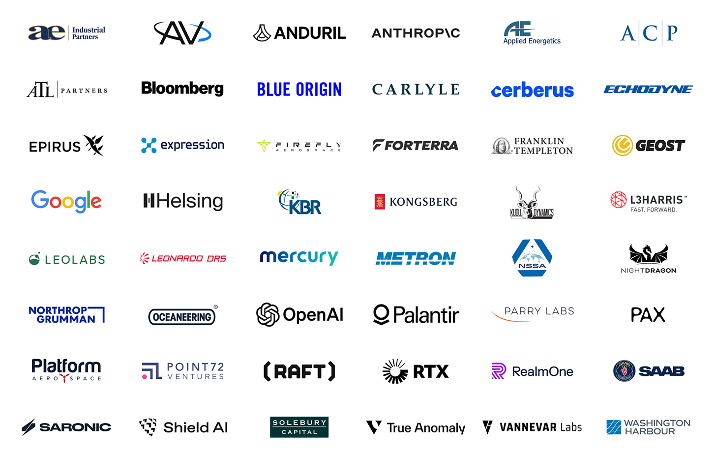 Grid of 48 company logos representing various industries including aerospace, technology, finance, and defense. 