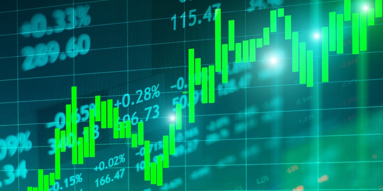 Green upward candlestick chart with percentages, showing positive financial market growth.
