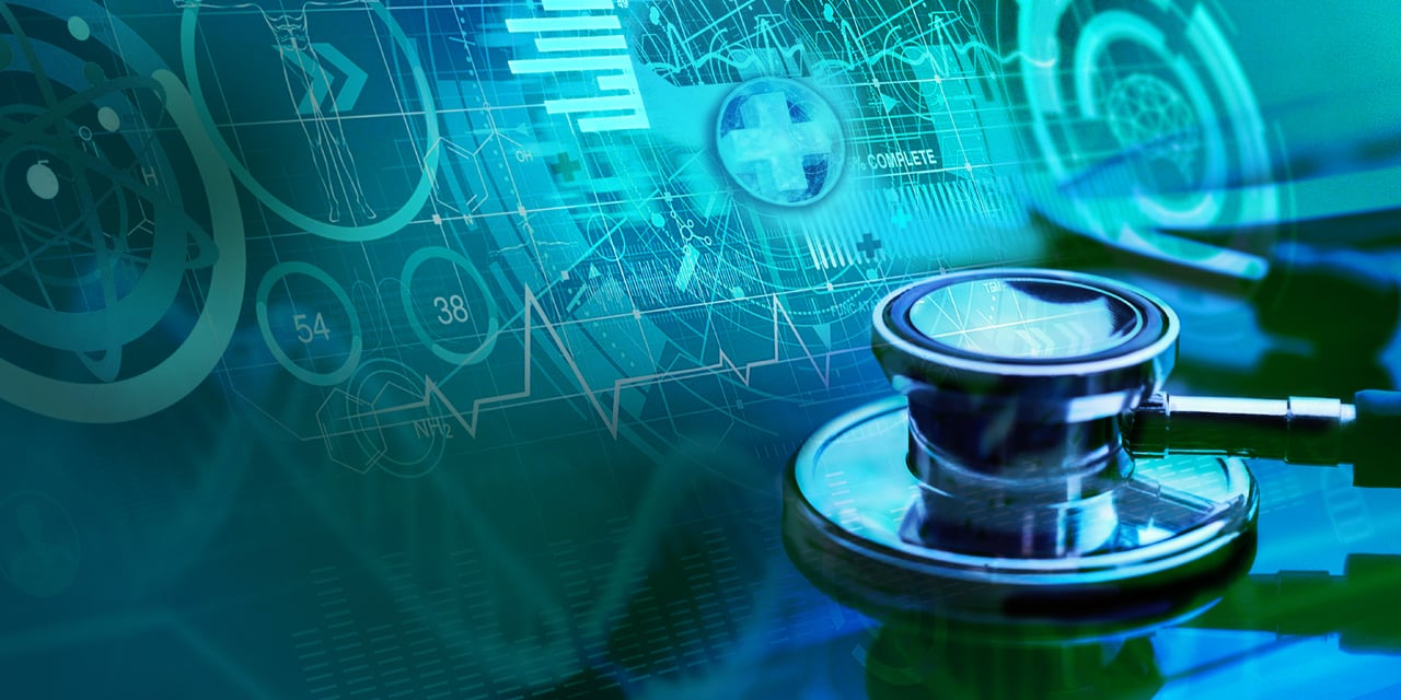 Stethoscope on digital background with medical icons, graphs, and data visualizations.