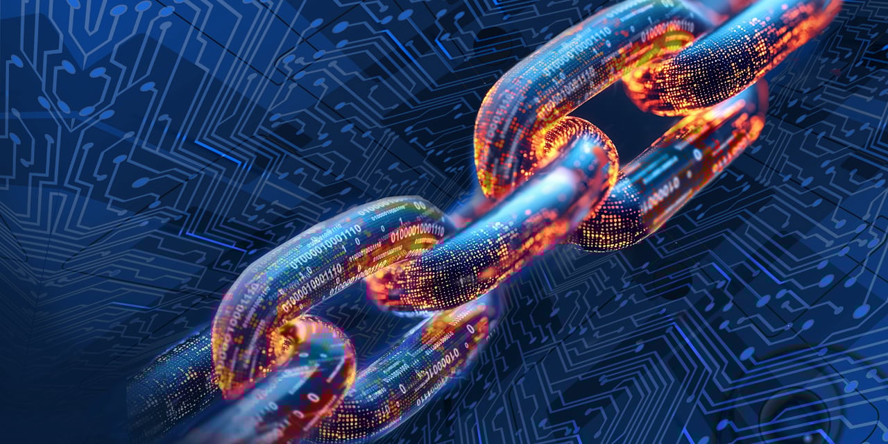 Close-up of a glowing digital chain link over a blue circuit board background.