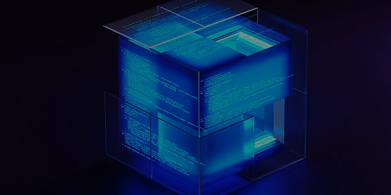 Abstract image of a cube overed in unreadable lines of computer programming code.