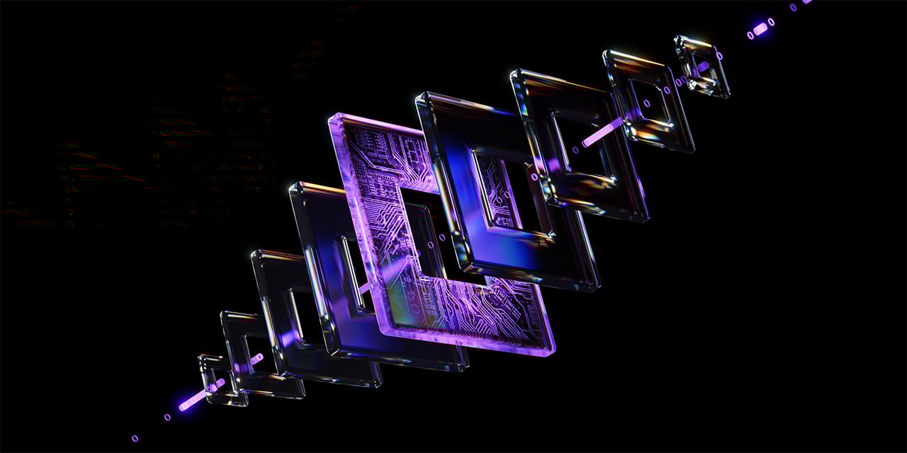 abstract 3D layers with glowing purple and black circuit-like patterns on a dark background